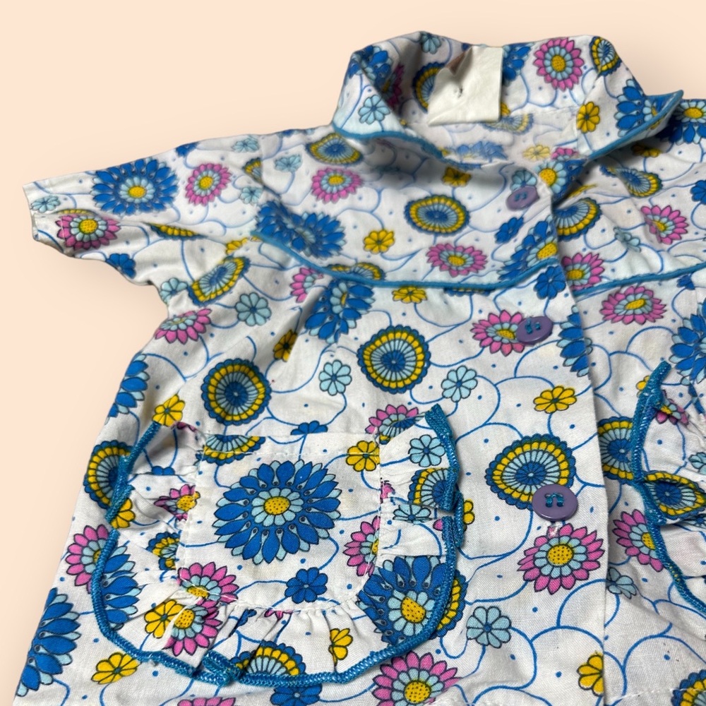 Vintage Baby/Toddler Blue Yellow Pink Flower Button Down Pants Set Retro - Picture 6 of 14